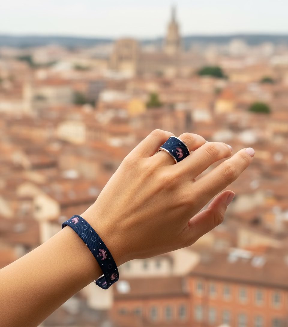 Bracelet ruban de soie bleue marine et rose motifs hirondelles