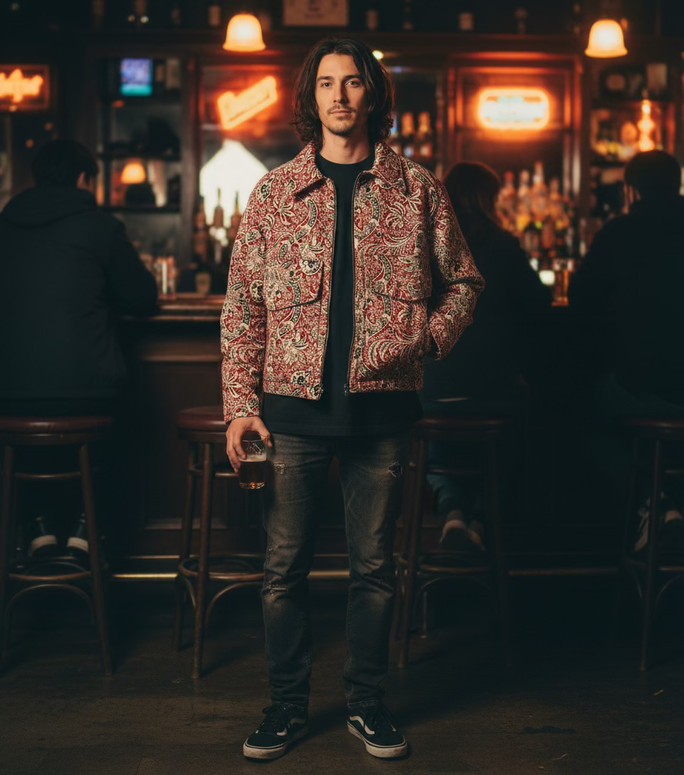 Veste unisexe en jacquard rouge noire et beige