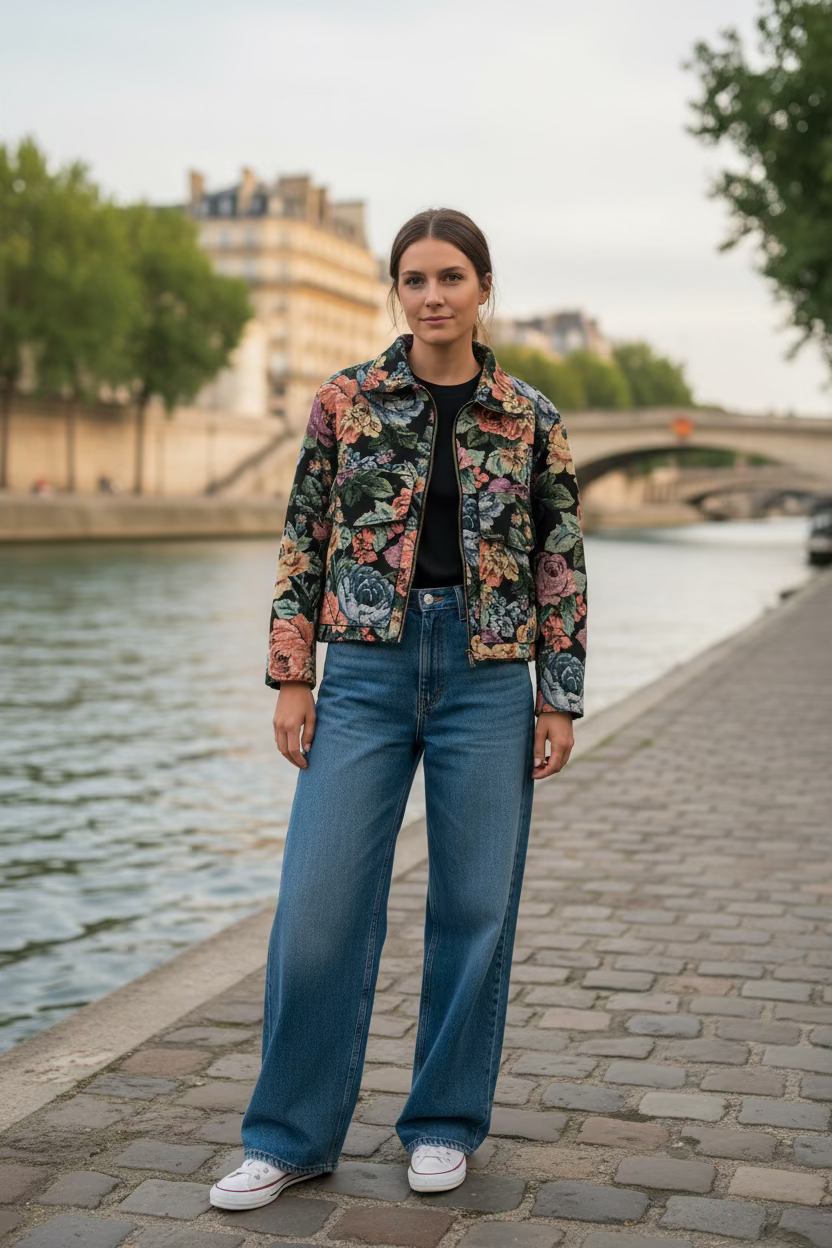 Veste unisexe en jacquard motif roses vintage
