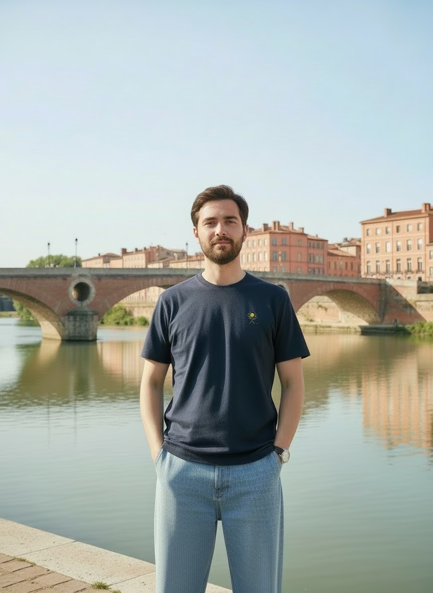 tee-shirt félicita-créations porté , décor berges de la Garonne à Toulouse