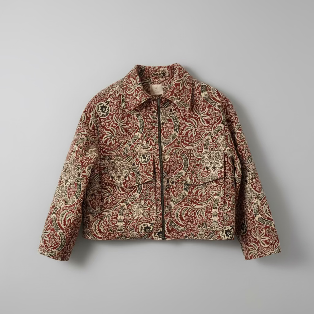 Veste unisexe en jacquard rouge noire et beige