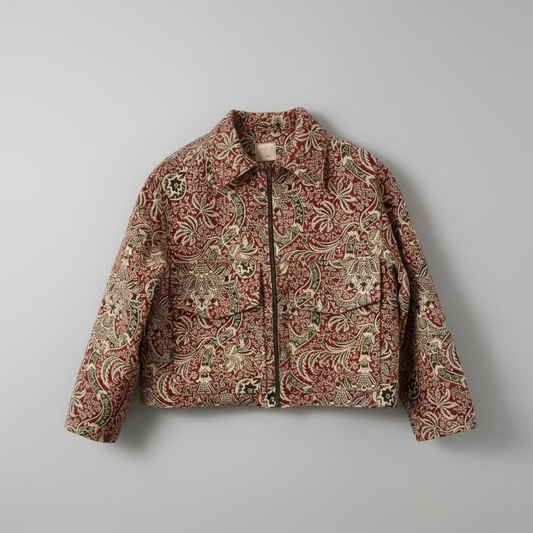 Veste unisexe en jacquard rouge noire et beige