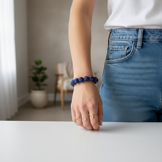 Bracelet perles de soie motifs floraux bleu et rouge