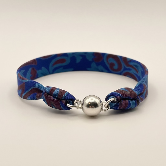 Bracelet ruban de soie bleu motifs floraux