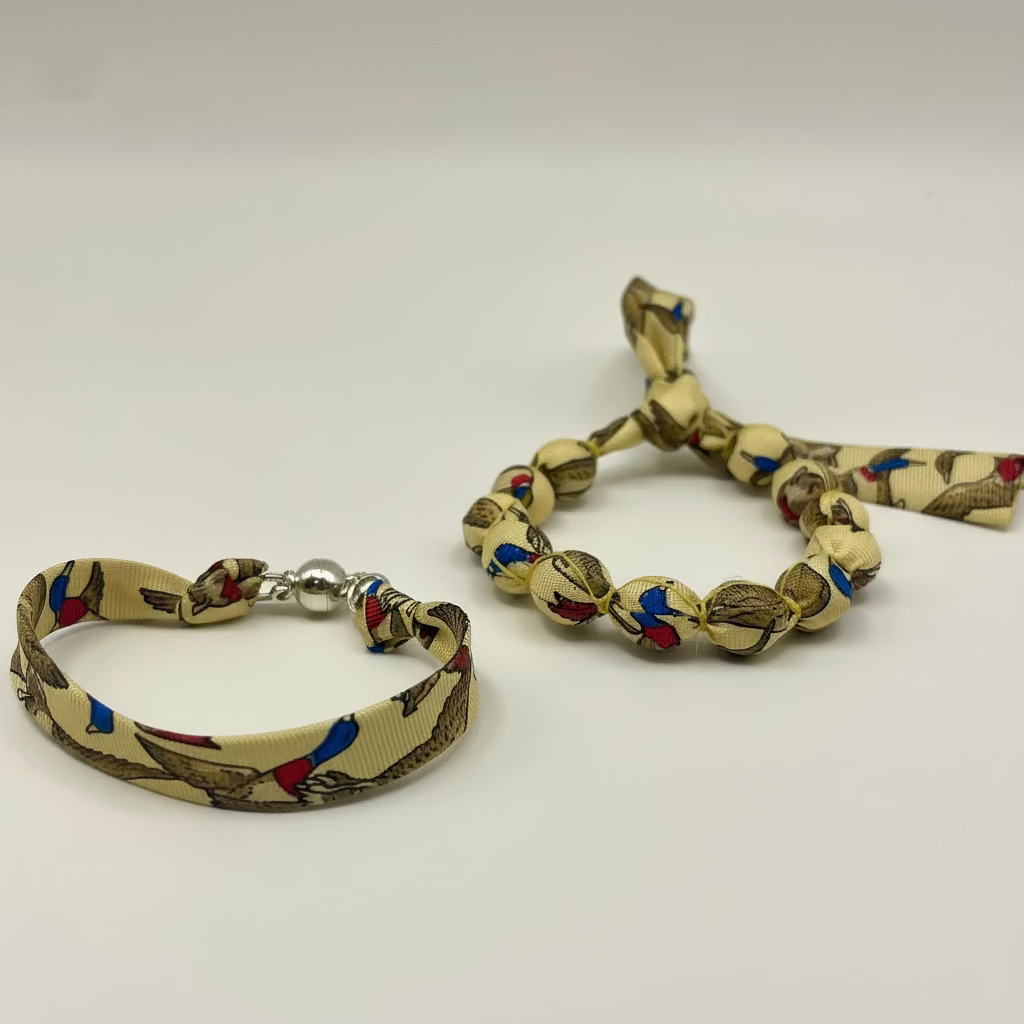 Bracelet ruban de soie jaune motif canards sauvages