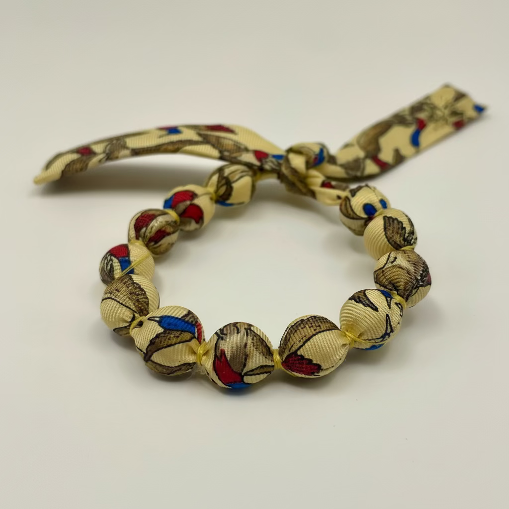 Bracelet perles de soie jaune, motifs canards sauvages
